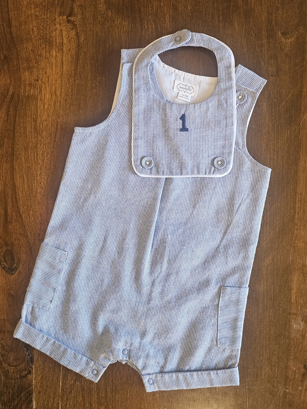Mud Pie Blue Striped Baby Bib Romper with Number 1